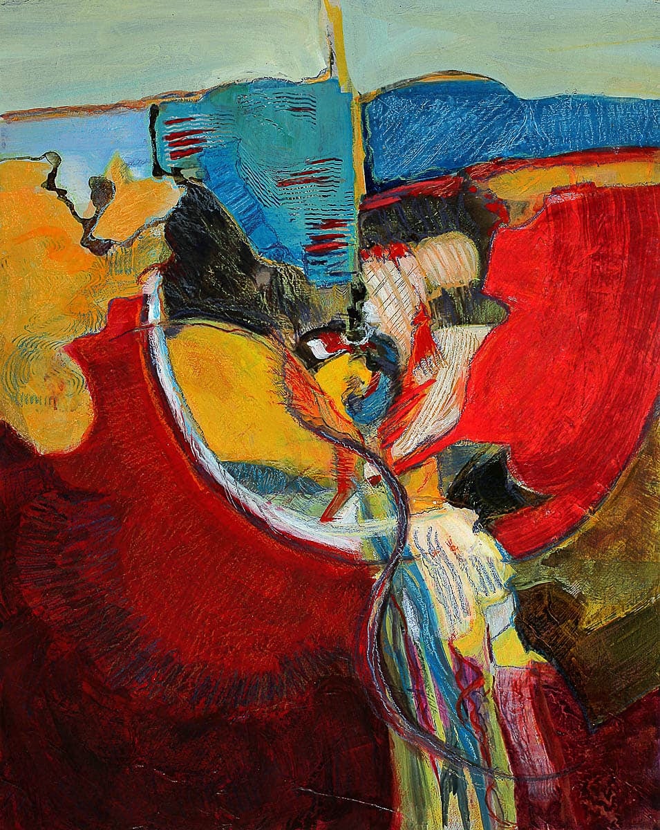 An abstract painting with bold, vivid colors including red, yellow, blue, and green. The composition features sweeping brushstrokes and forms that create an impression of movement and energy.