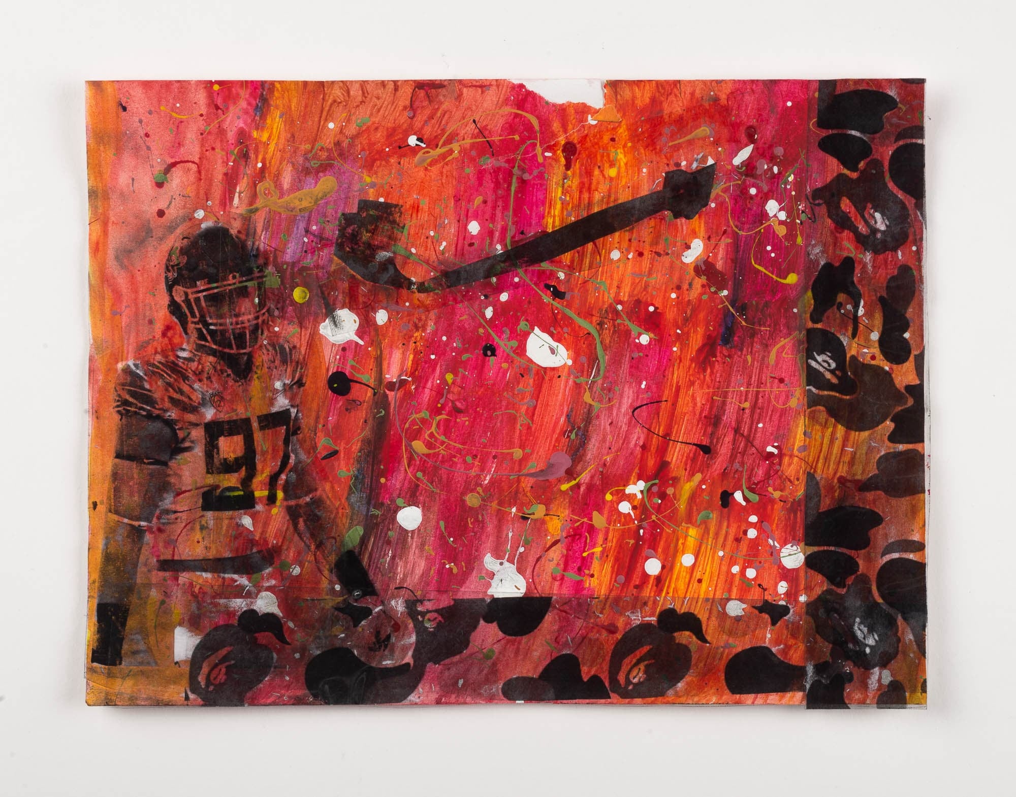 Abstract painting in reds and yellows with black, white, and green splatters, with a realistic football player wearing jersey 97 in the lower left corner