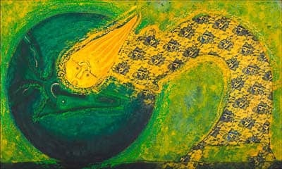Yellow person with an open mouth wearing a yellow and blue patterned dress bent in front of a green circle on a lime green and yellow background