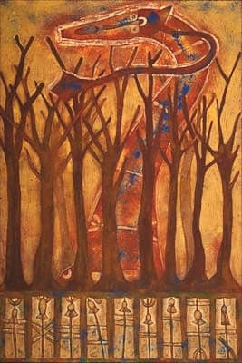 Long-necked creature in earth tones and dark blue behind a group of barren trees. There are nine smaller boxed images along the bottom made of abstract bell shapes and lines.