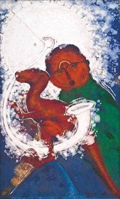 Medium-dark skinned child with an open mouth wearing dark green holding a brown theropod dinosaur on dark blue background with a white circular burst behind their heads with a white horn-like swirl over their bodies