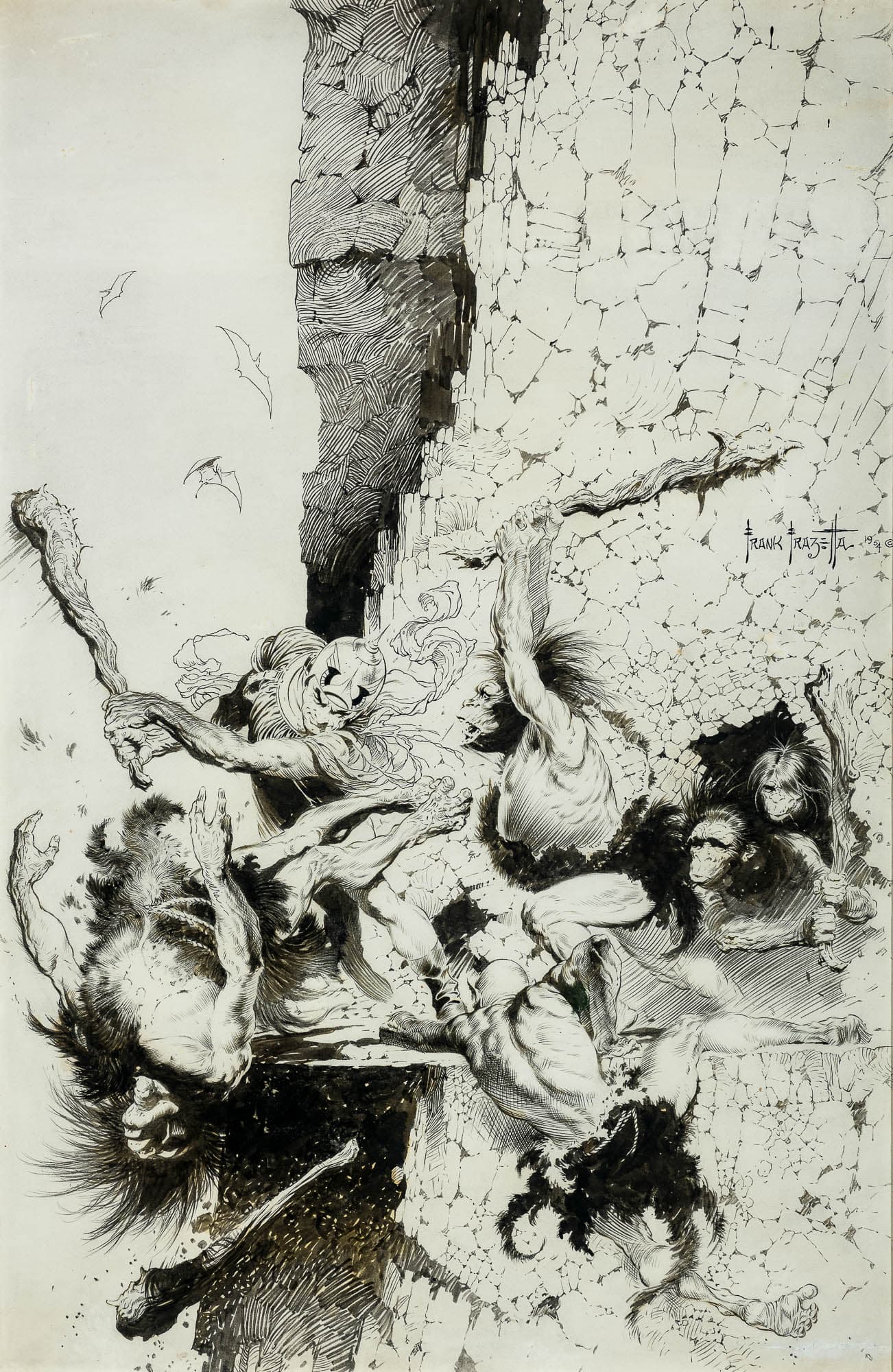 Black and white drawing of a modern man and hominids fighting with clubs on a cliff ledge while two hominids watch from a small cave with pterosaurs flying in the background