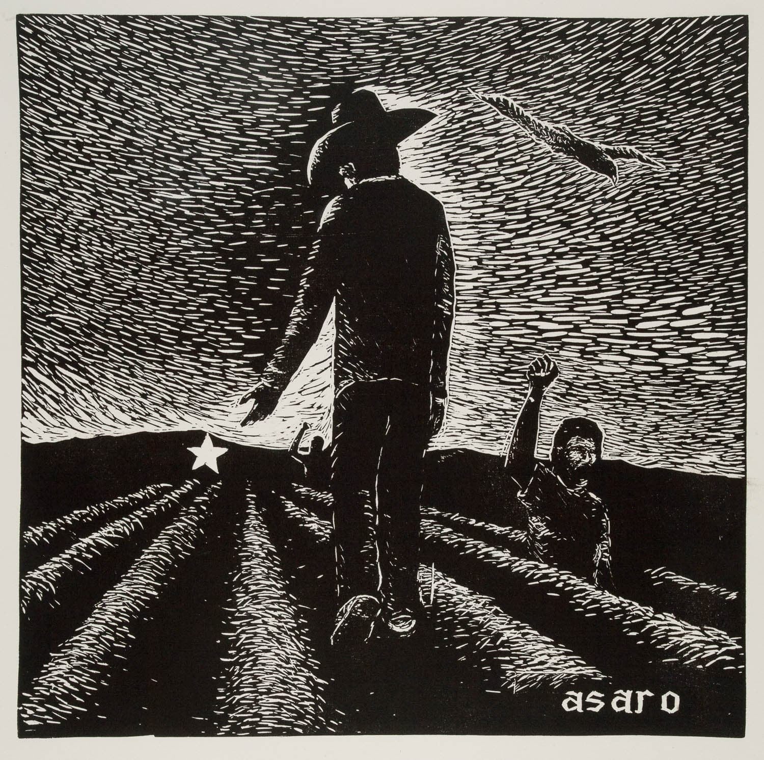 Black and white woodcut print of a person wearing a cowboy hat viewed from behind walking in rows of a filed. Two people with obscured faces walk toward the front with fists raised.