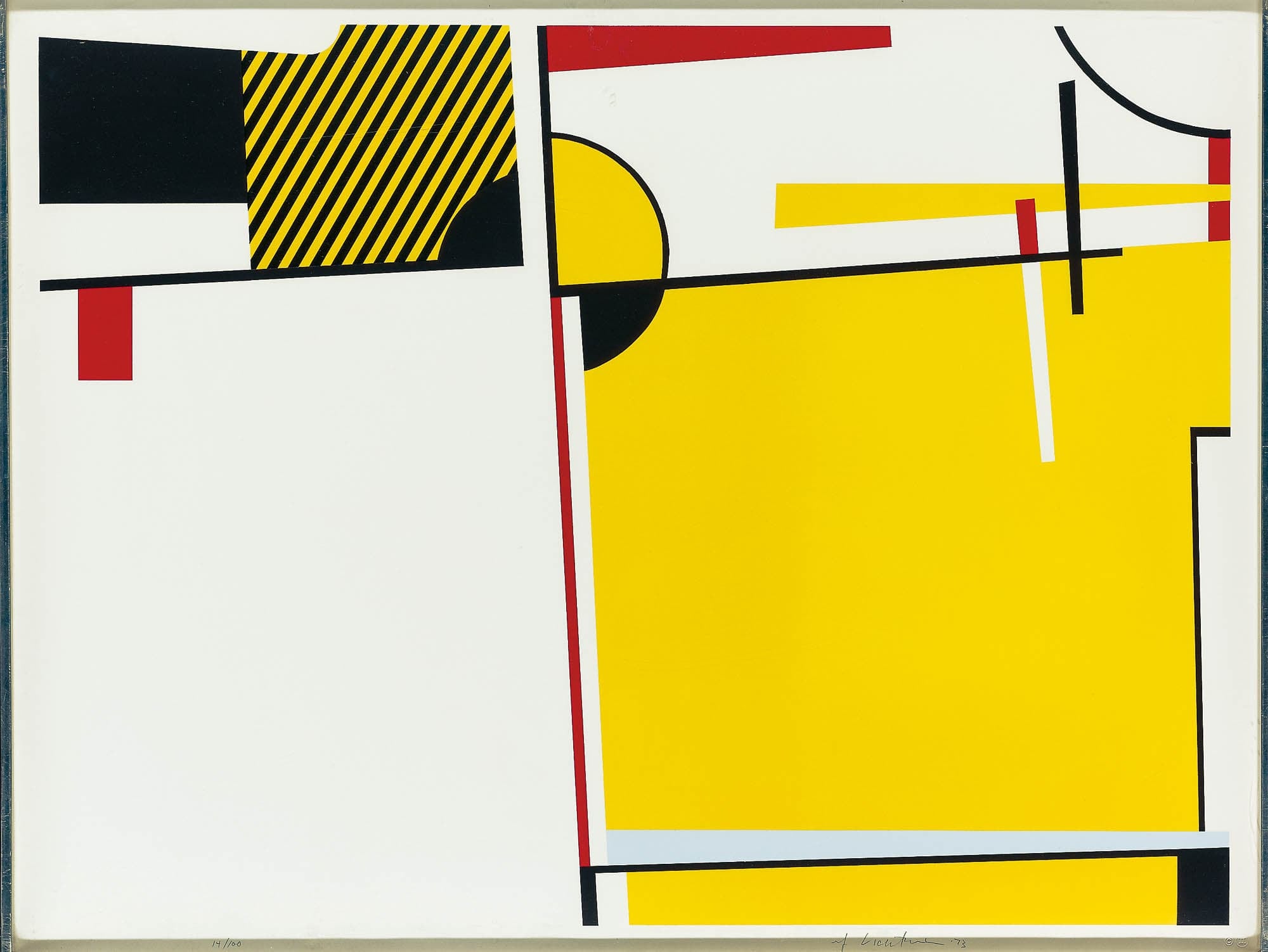 Abstract print with geometric shapes in yellow, black, red, and white