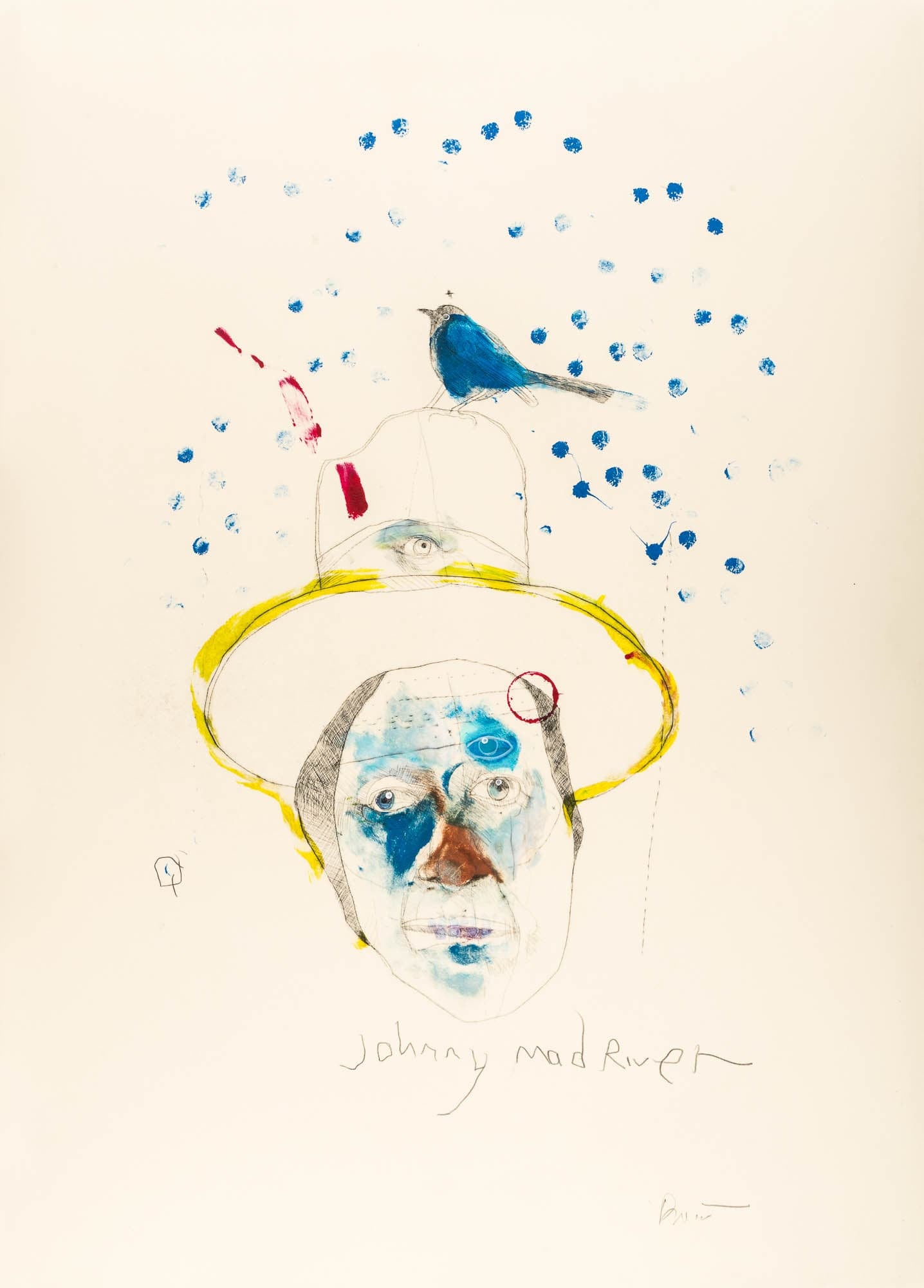 Blue, brown, and white face with a third blue eye on the forehead over the right eye, wearing a yellow brimmed hat with another eye, and a blue bird perched on it