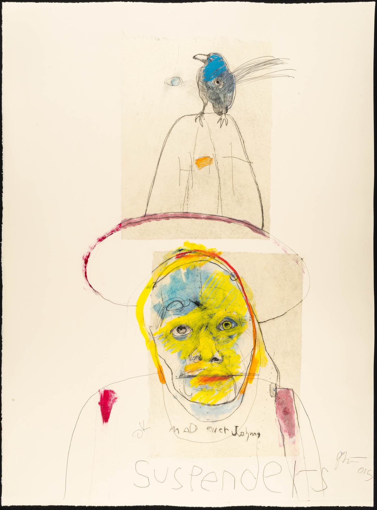Yellow and blue face with red lips and outline wearing a hat with the word “Hat” on it and a blue bird sitting on top of it