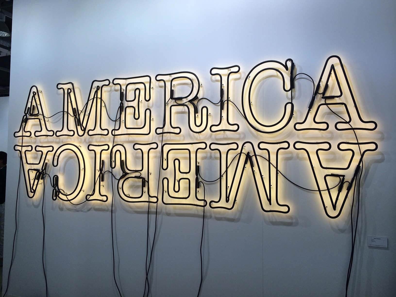 Black and white neon light display spelling America twice: right side up and upside down. It is mounted on a wall with visible electrical wires.