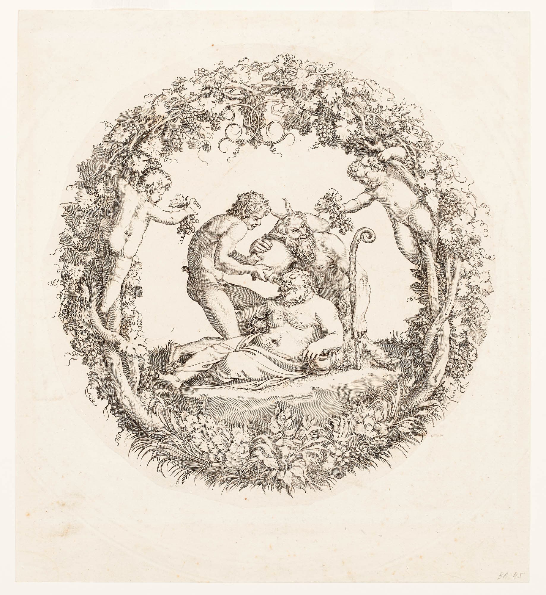 Lounging man being fed wine from a naked man a satyr. Two naked children offer grapes from the wreath of grapes surrounding the image.