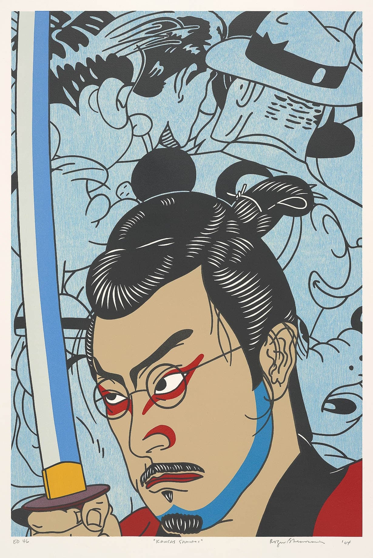Samurai with glasses, red eye makeup and blue make up along his jaw, holding a sword in front of a light blue background with well-known figures from comic strips
