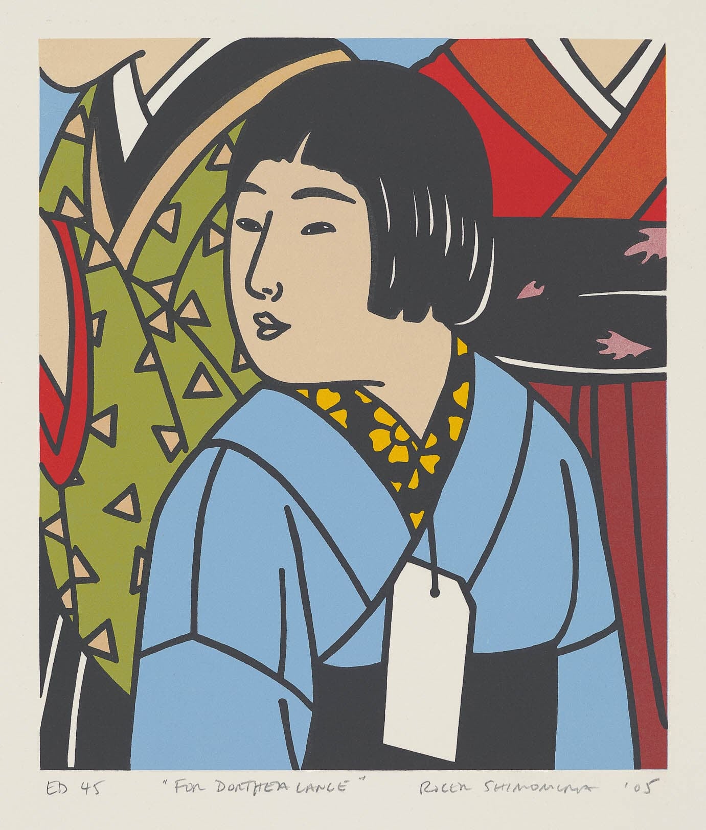 Medium-light skinned girl with black hair wearing a blue kimono in front of two women viewed from the shoulders down wearing green and red kimonos