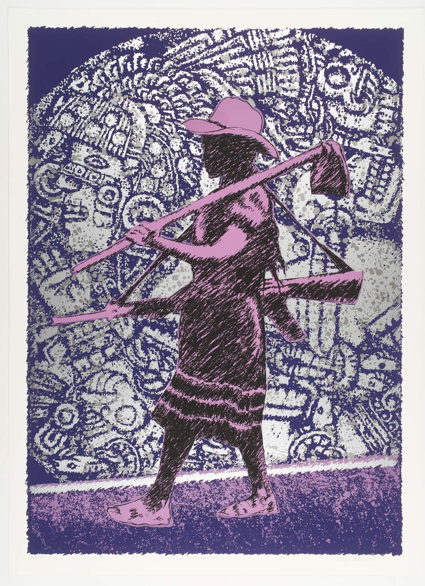 Pink and black silhouette of a woman walking by Mesoamerican engravings with a hoe over one shoulder and a rifle hanging from the other