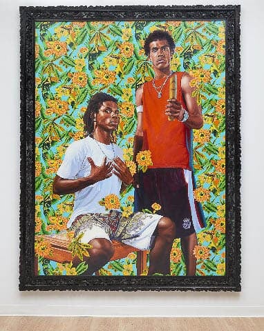 Painting of two medium-dark skinned men in basketball clothes. One sits on a bench with his hands against his chest. The other stands with a short bamboo stick in his hand. The background is vibrant teal with yellow and orange tropical birds and flowers with green leaves