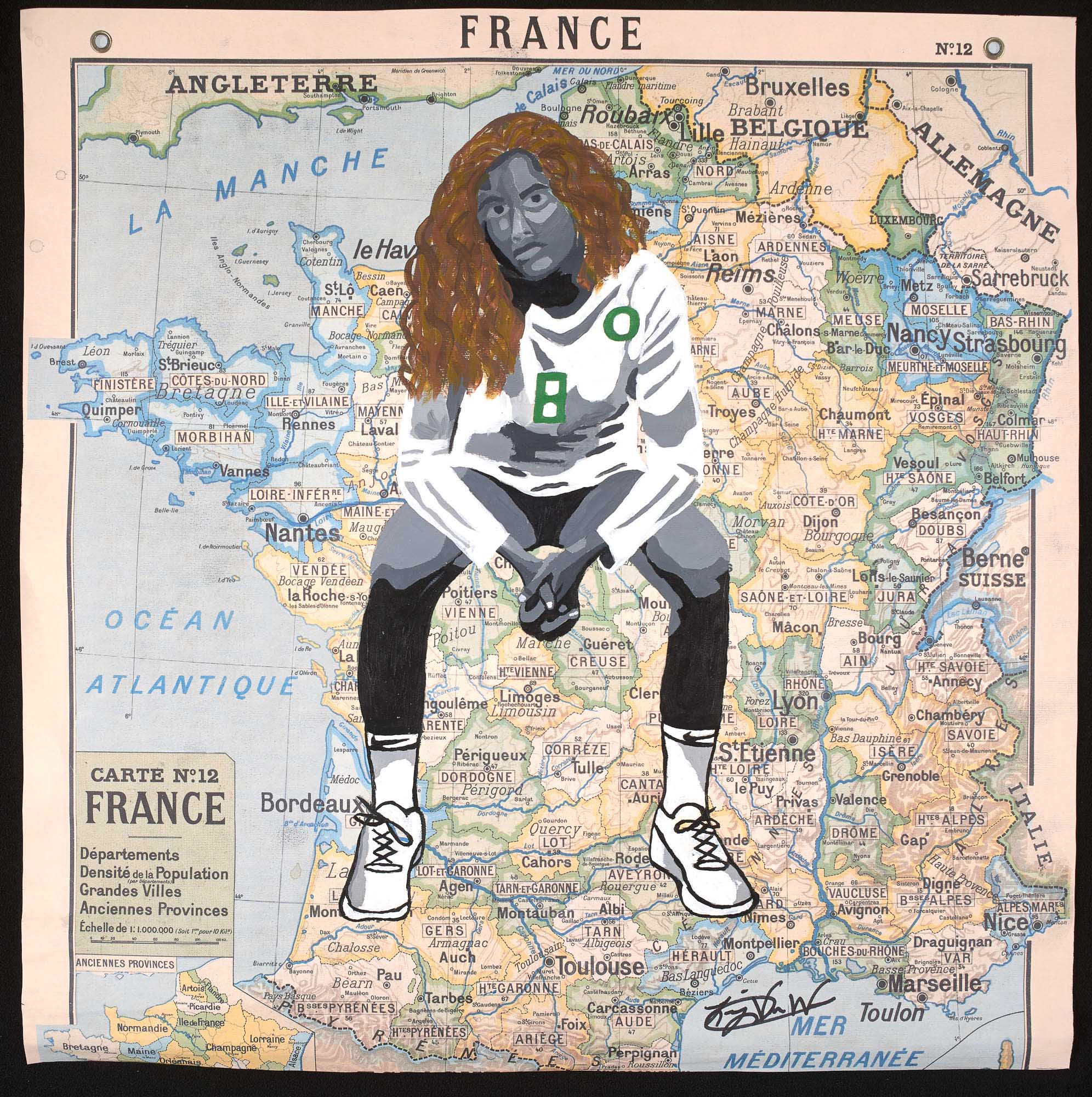 A seated woman painted gray with wavy brown shoulder-length hair. She wears athletic clothes with a green University of Oregon “O” and the number 8 on her shirt. The background is a blue, green, and yellow map of France.