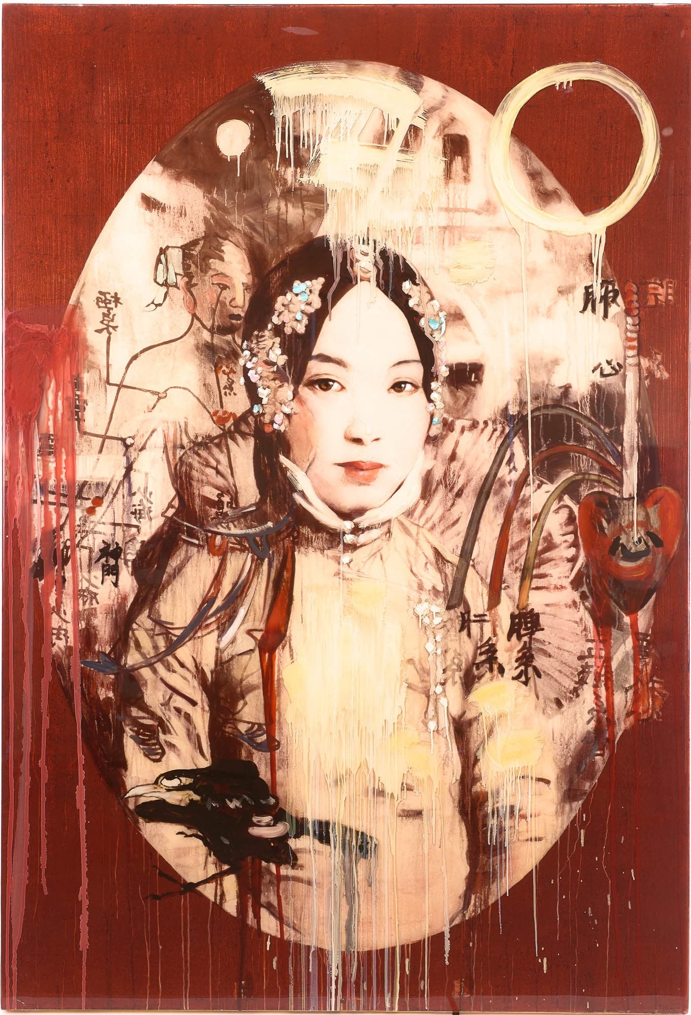Oval mixed media portrait of a Chinese woman on a red background with paint dripping. Offshoots from a stabbed heart on the right side lead to written Chinese characters.