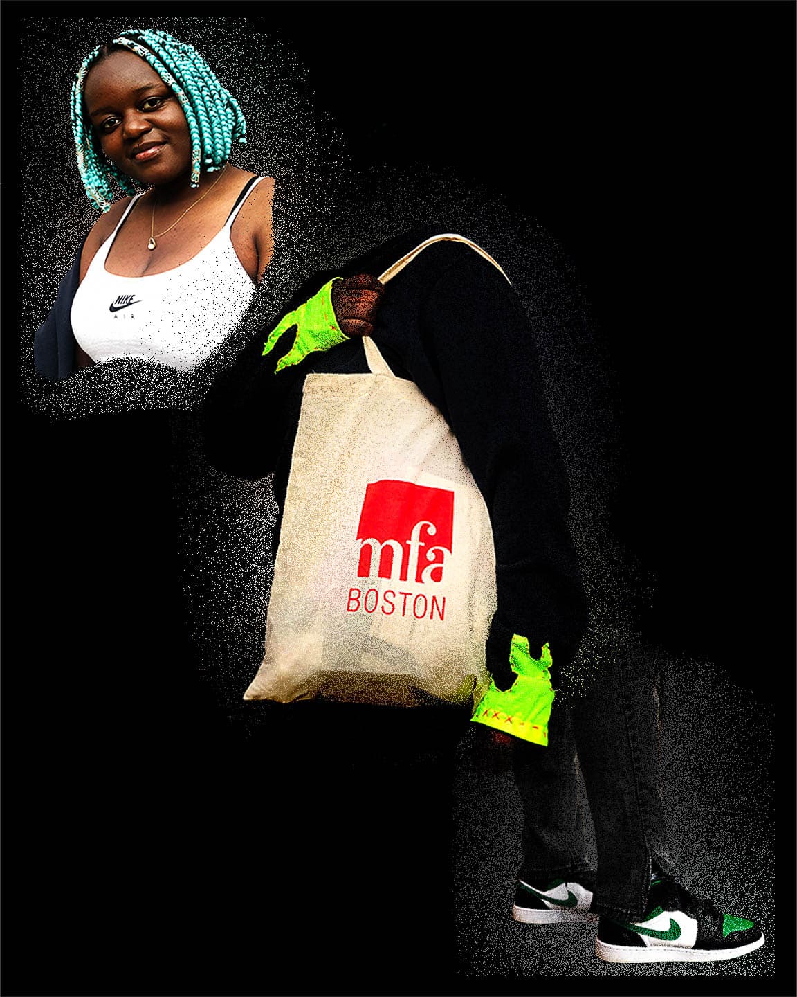 Three photographs in a diagonal line starting in the top left corner. A head shot of a medium-dark skinned person with teal chin-length braids wearing a white Nike tank top. A person from shoulders to waist wearing a black top with neon yellow wrists with an “MFA Boston” tote bag over their shoulder. A pair of legs in black jeans from the knees down, wearing black, white, and green Nike sneakers.