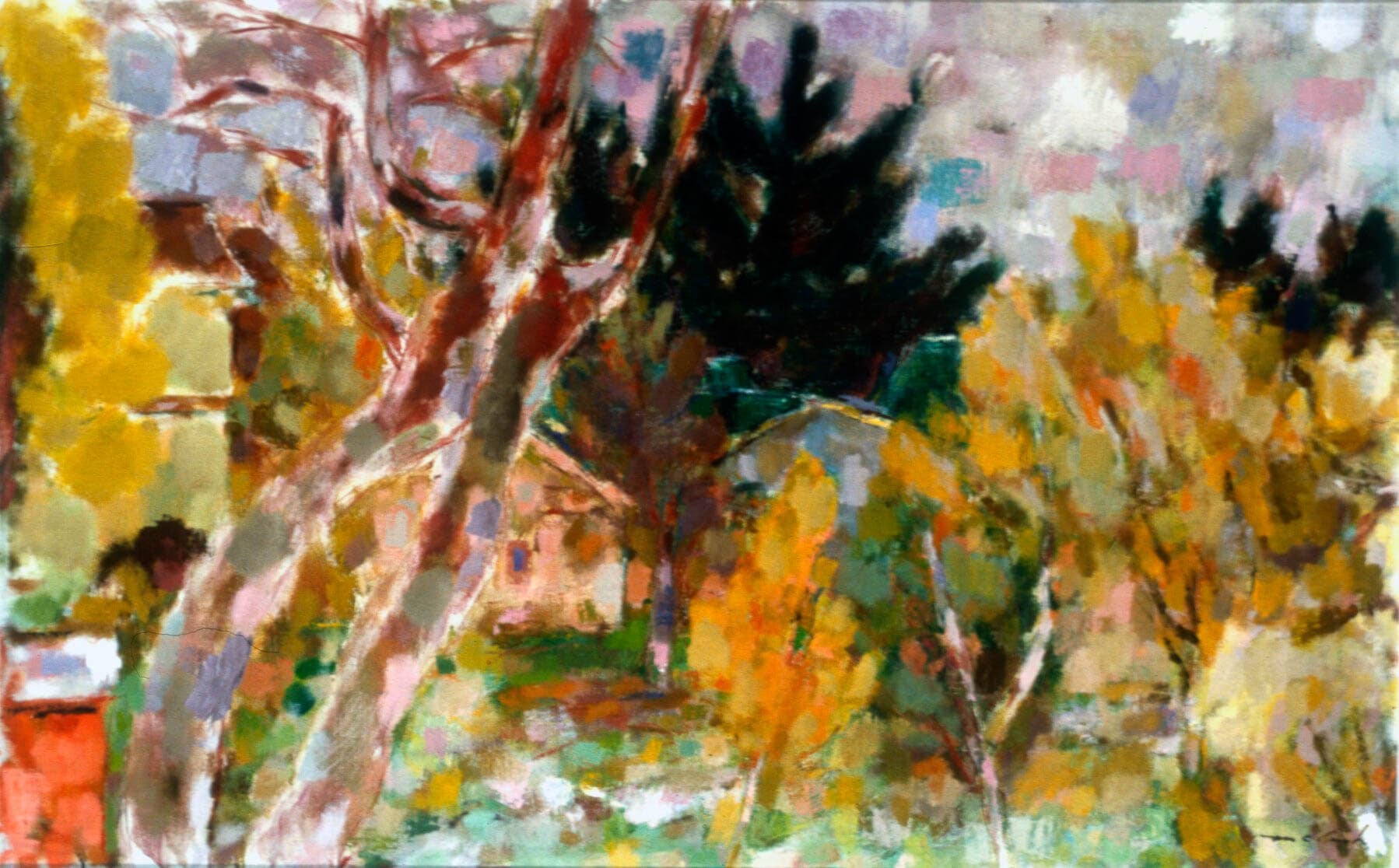 Impressionist landscape  in greens, yellows, and browns