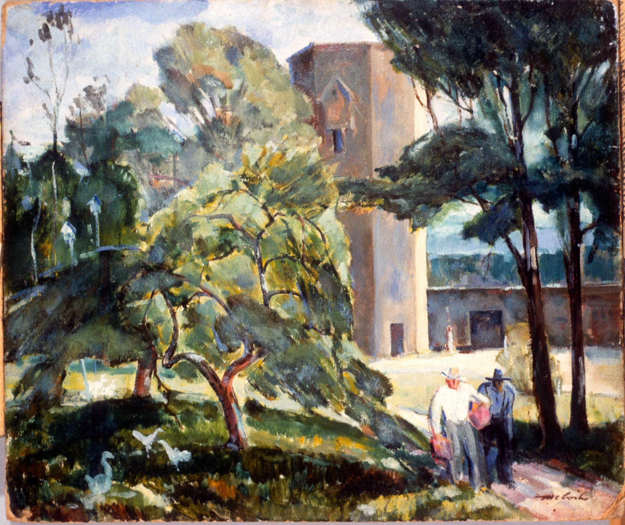 Tall building in the background partially obscured by trees with two people walking on a path away from the building