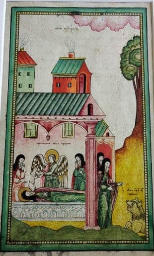 Religious icon with a haloed angel standing over a dead haloed body while 4 others witness