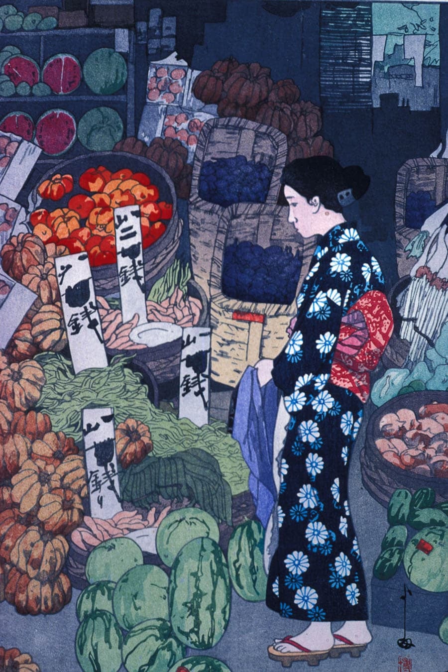 Woman in a blue and white flowered kimono examines a variety of produce in a store