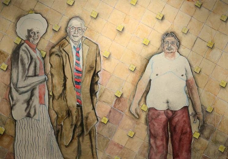 An older couple with light skin stand on the left side of the image. They are smiling and wearing oversized clothes. On the right is a heavy-set topless man in red pants. His arms and face are medium-light skinned, but the flesh that would otherwise be covered with a short sleeved shirt is as pale as the couple’s.