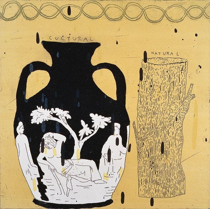 Lithograph with a black and white ancient Greek vase with the word “cultural” written above it next to a log with the word “natural” above it