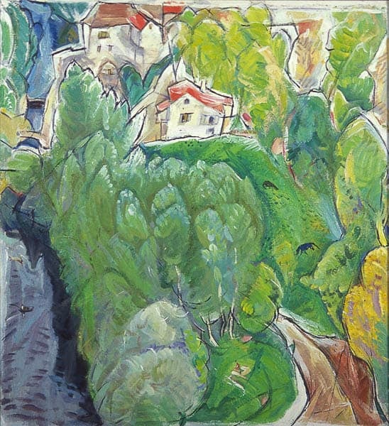 Painting of several angular white buildings with red roofs on a hill with a river on one side and a pasture and indistinct green trees on the other