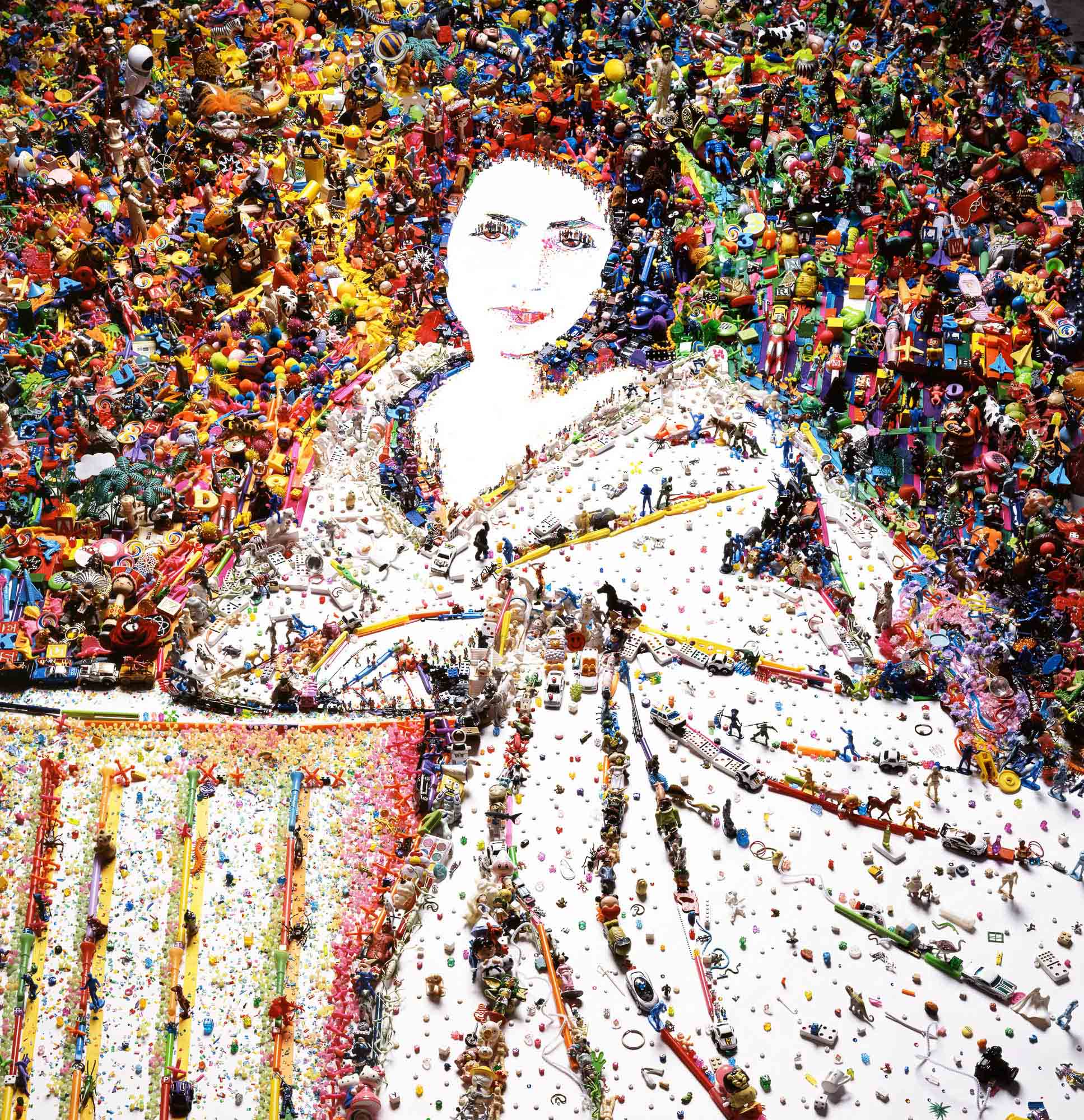 Woman in a white dress created with cheap plastic toys