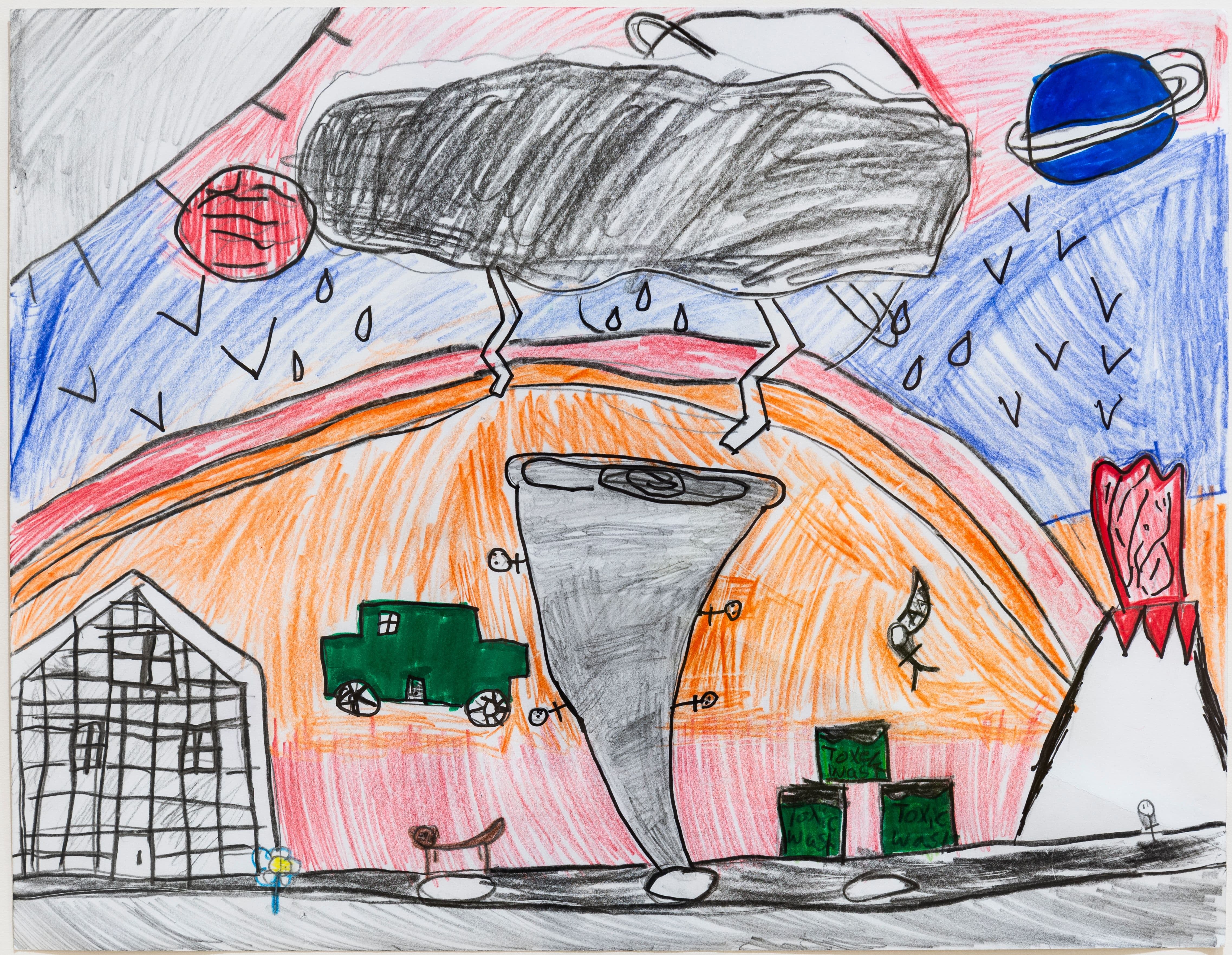 Child's drawing of a tornado with a house to the left and a volcano on the right and dark clouds with lightning.