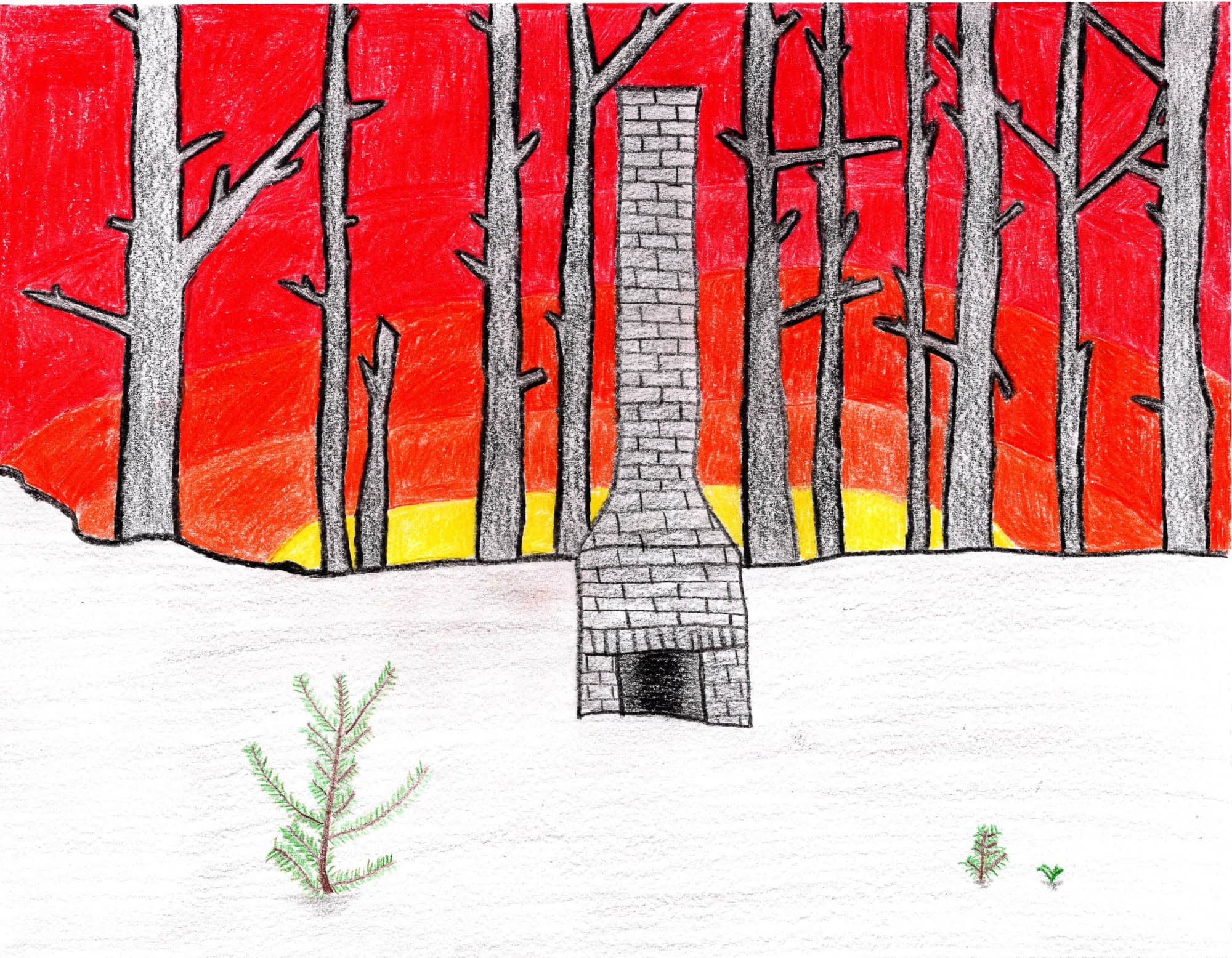 White brick fire place and chimney in the snow with barren trees in the background in front of a vibrant red, orange, and yellow sunrise or sunset
