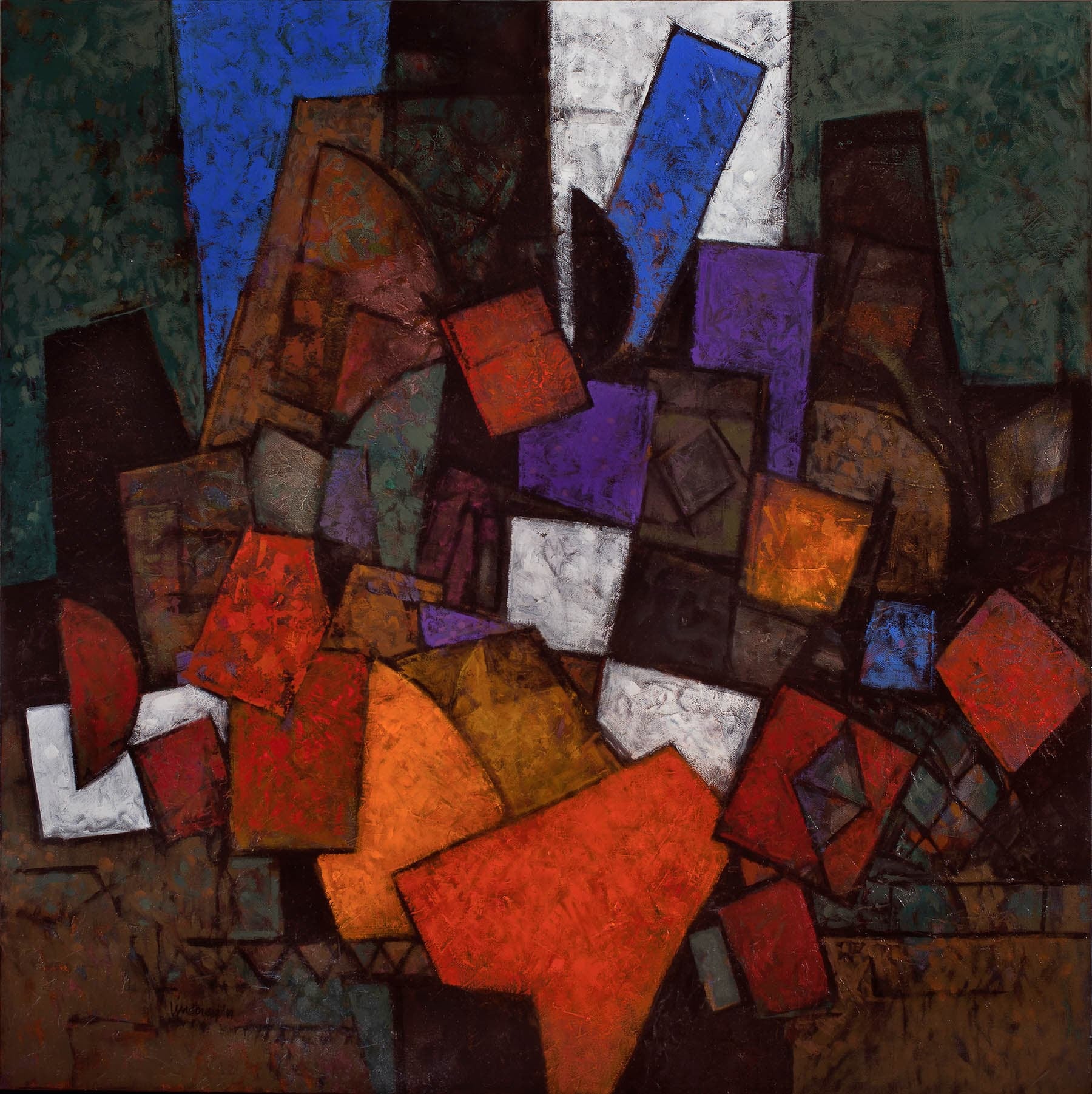 Abstract painting of geometric shapes in oranges, blues, purples, browns, and whites