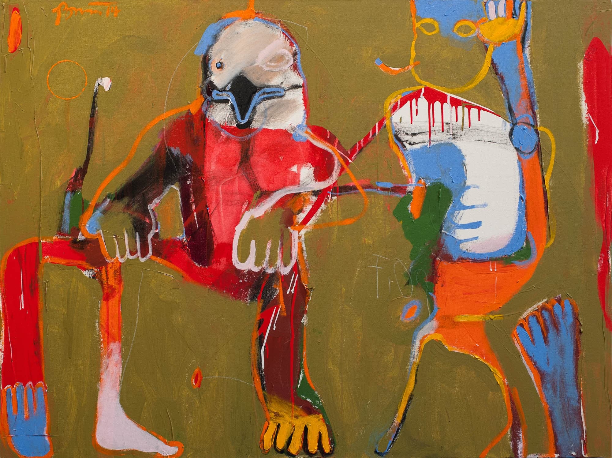 Two expressionistic bodies in bright colors. One has a red body with three legs and a white bird head. The other is mostly orange, blue, and white, with yellow outlining and no face.
