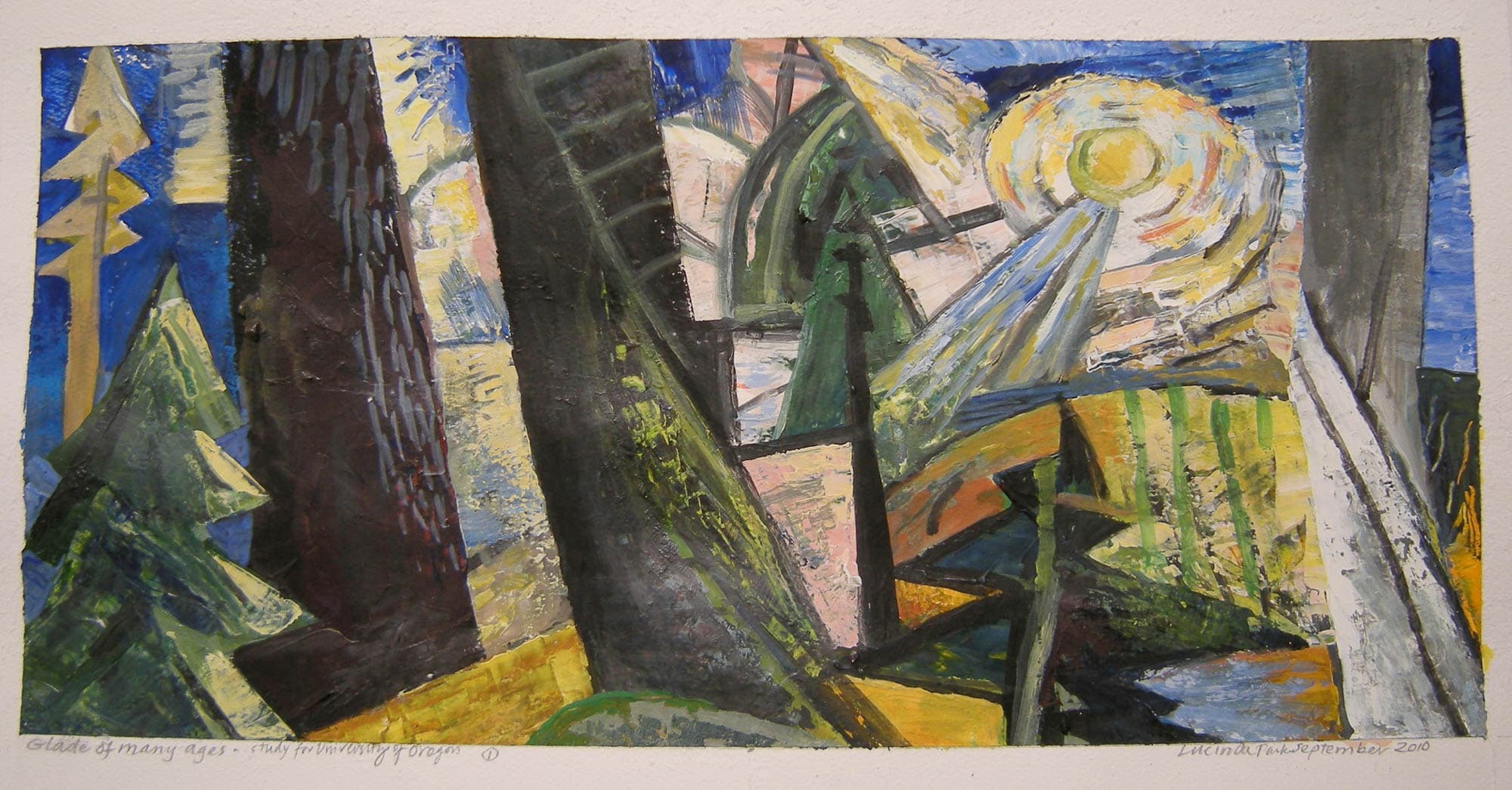 Abstract forest landscape in browns, greens, blues, and yellows.