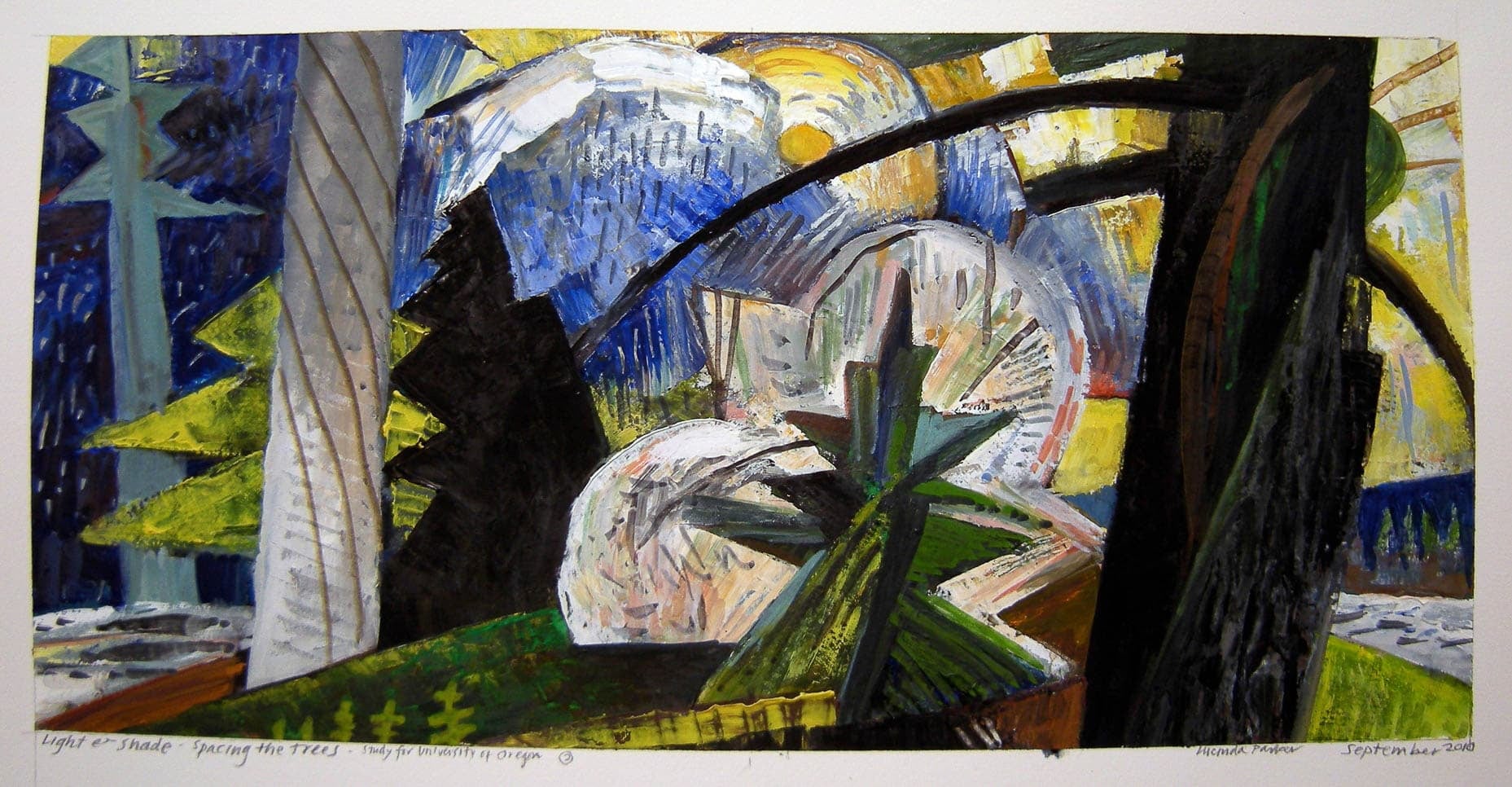 Abstract forest landscape in blacks, blues, yellows, whites, and greens