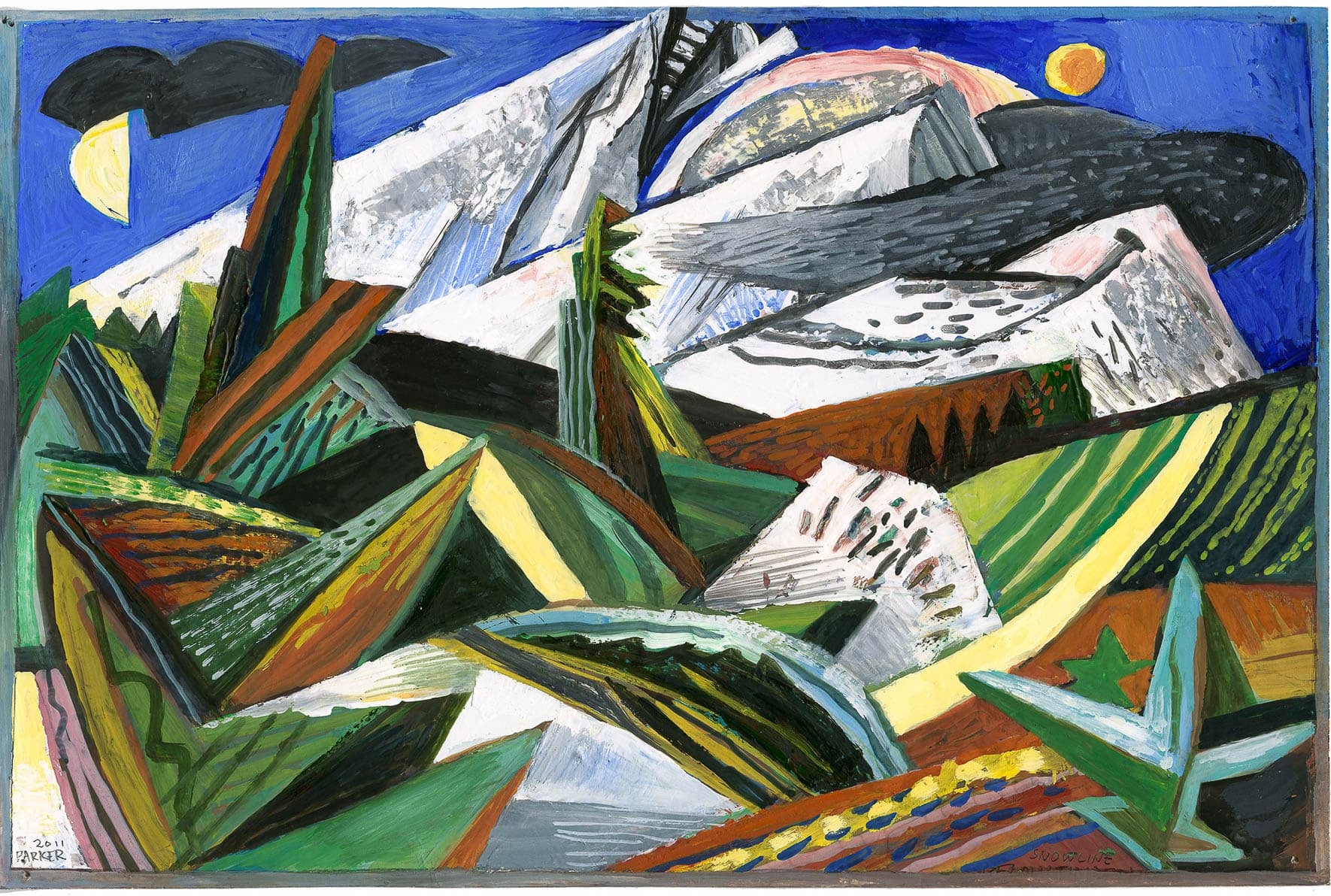 Abstract landscape in greens, browns, and yellows with white mountains in the background