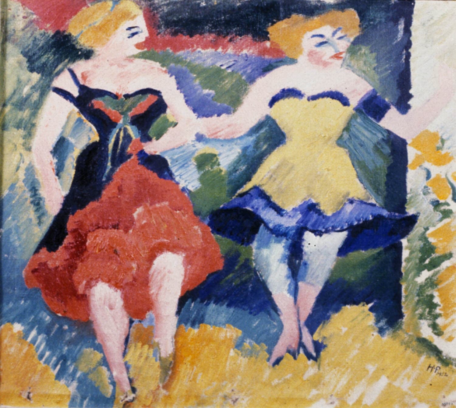 Expressionistic painting of two light-skinned women in knee-length dresses dancing side by side