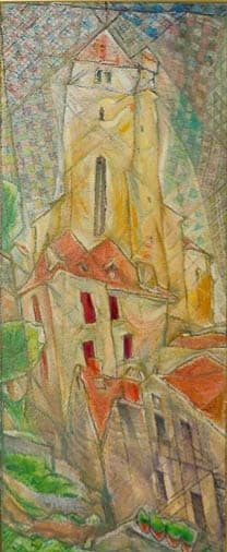 Light colored angular houses with red windows and orange roofs under a looming castle in front of a rainbow checkered sky