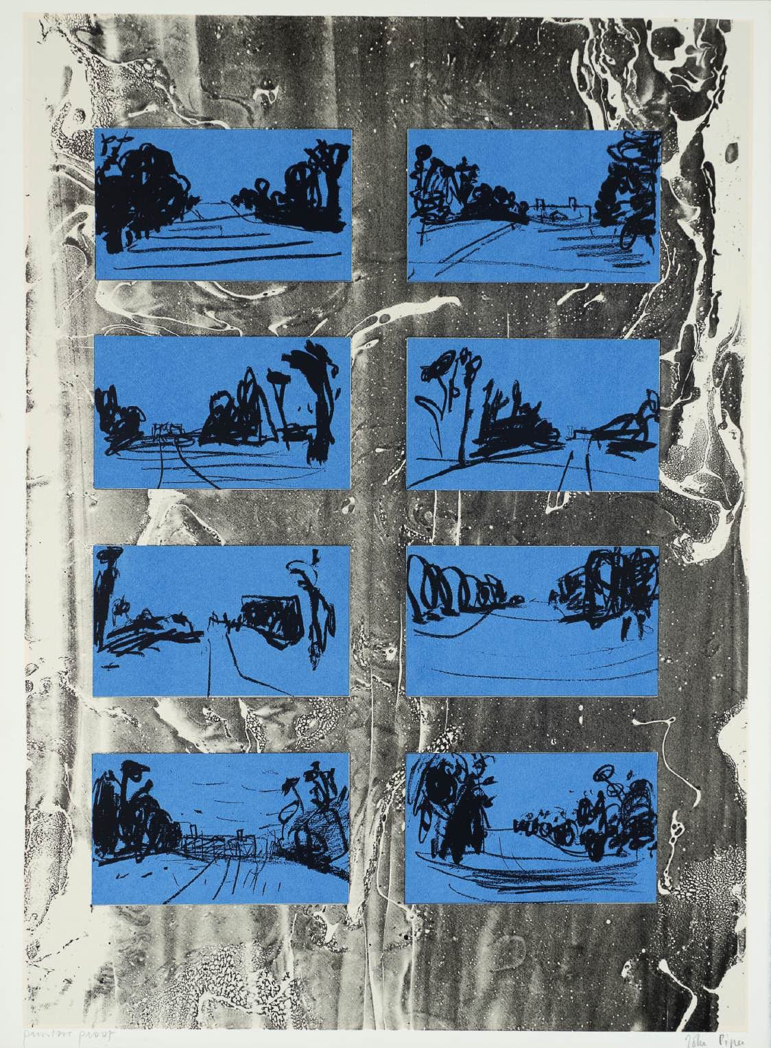 8 blue rectangles in two columns with different quick-looking black sketches of a road on each one. Behind the blue rectangles is marbled shades of gray.