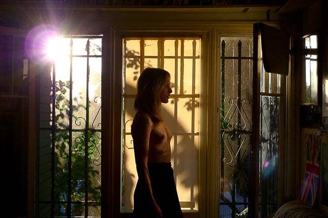 Photograph of a topless light-skinned person in profile standing inside a house in front of French doors. The shade on one of the doors is lifted, revealing metal bars and flaring sunlight.