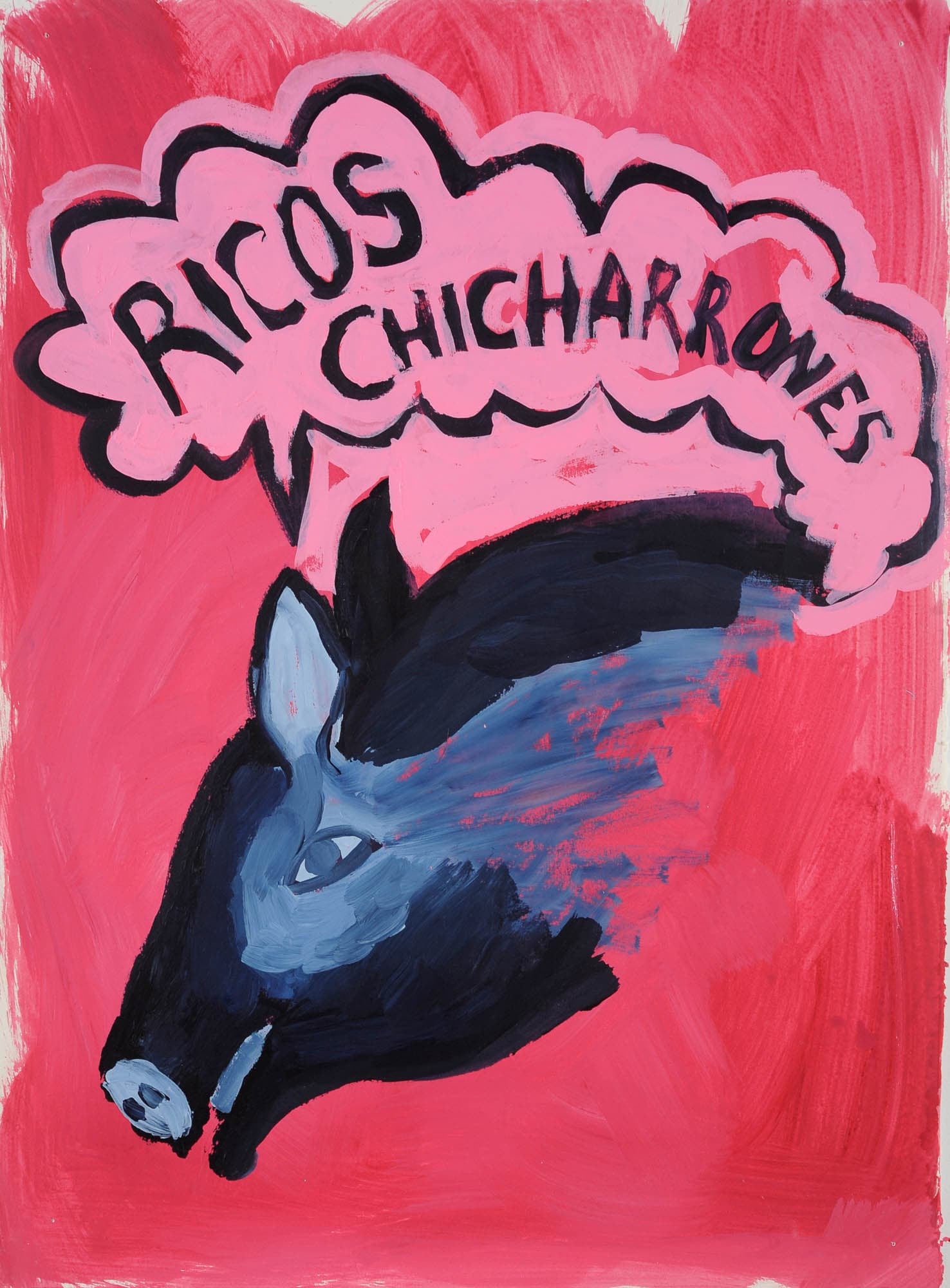 Black javelina or pig on a red background with a pink text bubble containing “ricos chicharrones”