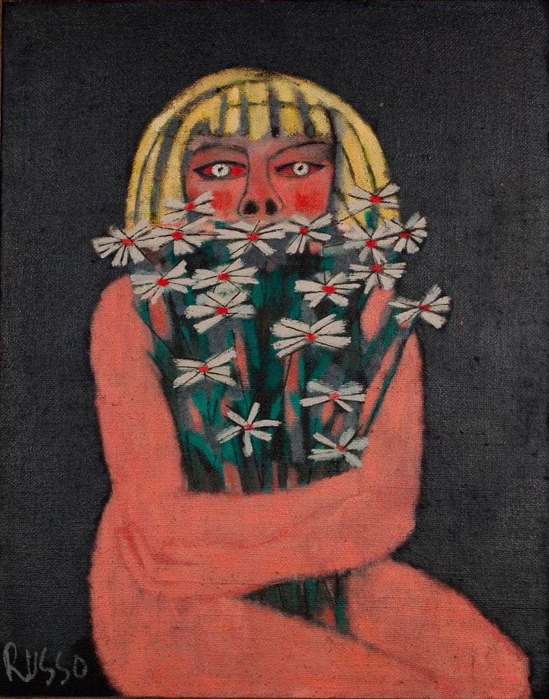 Naked peach-colored girl with yellow hair clutching a bouquet of white flowers between her legs and against her chest