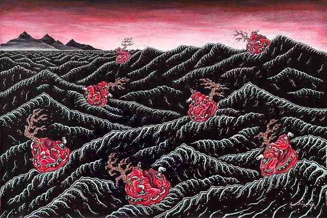Red brain-like shapes with protruding white spyglasses and brown trees tossed about on black waves