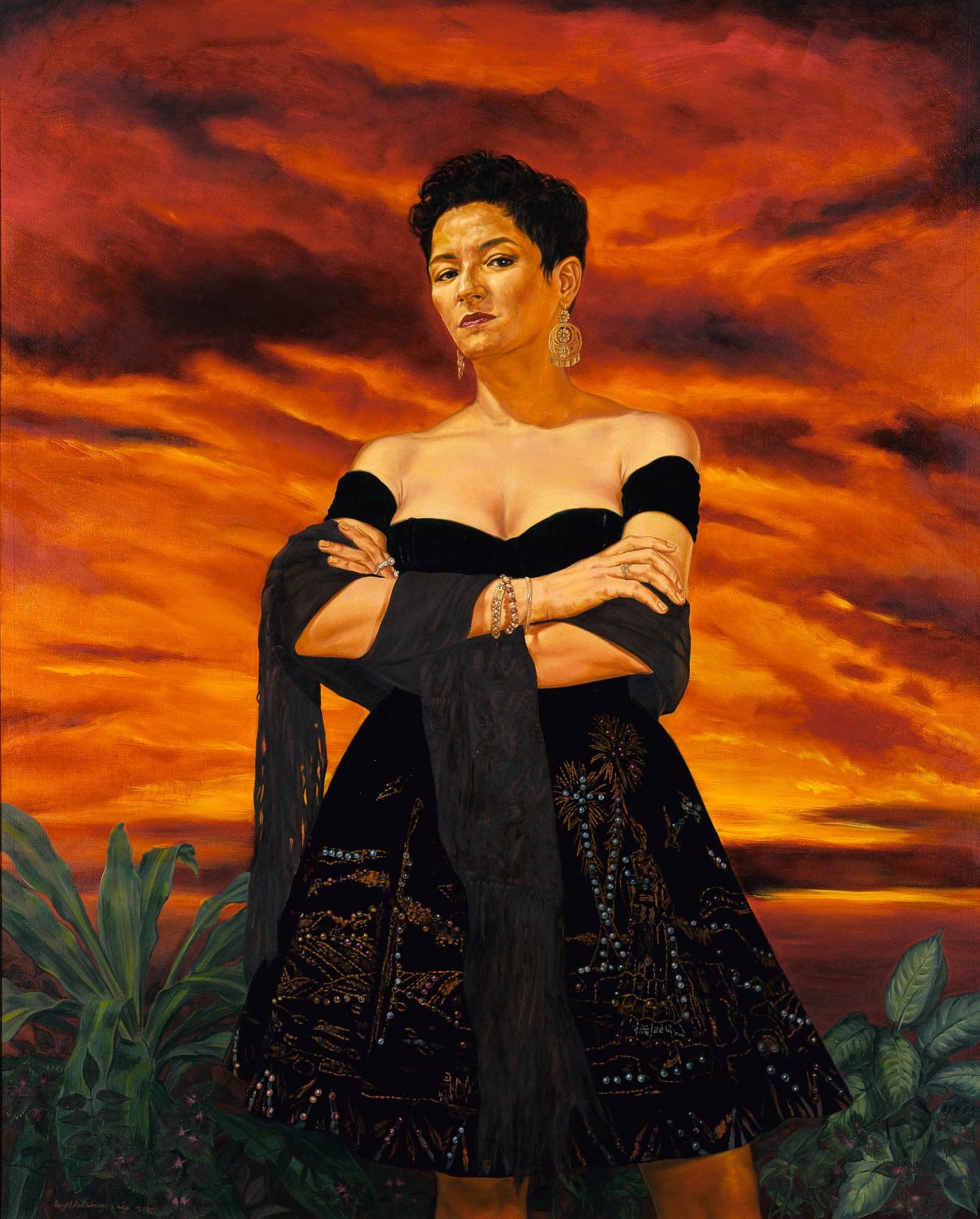 Painting of a medium-skinned woman with dark, short hair, wearing large gold earrings and an off-the shoulder black formal dress standing with arms crossed in front of an orange sky and green foliage