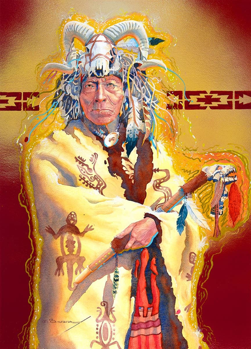 A colorful portrait of an elder wearing a headdress made of animal skulls and feathers, draped in a cloak decorated with tribal symbols. The background features warm red and yellow hues, with a subtle geometric pattern behind the figure.