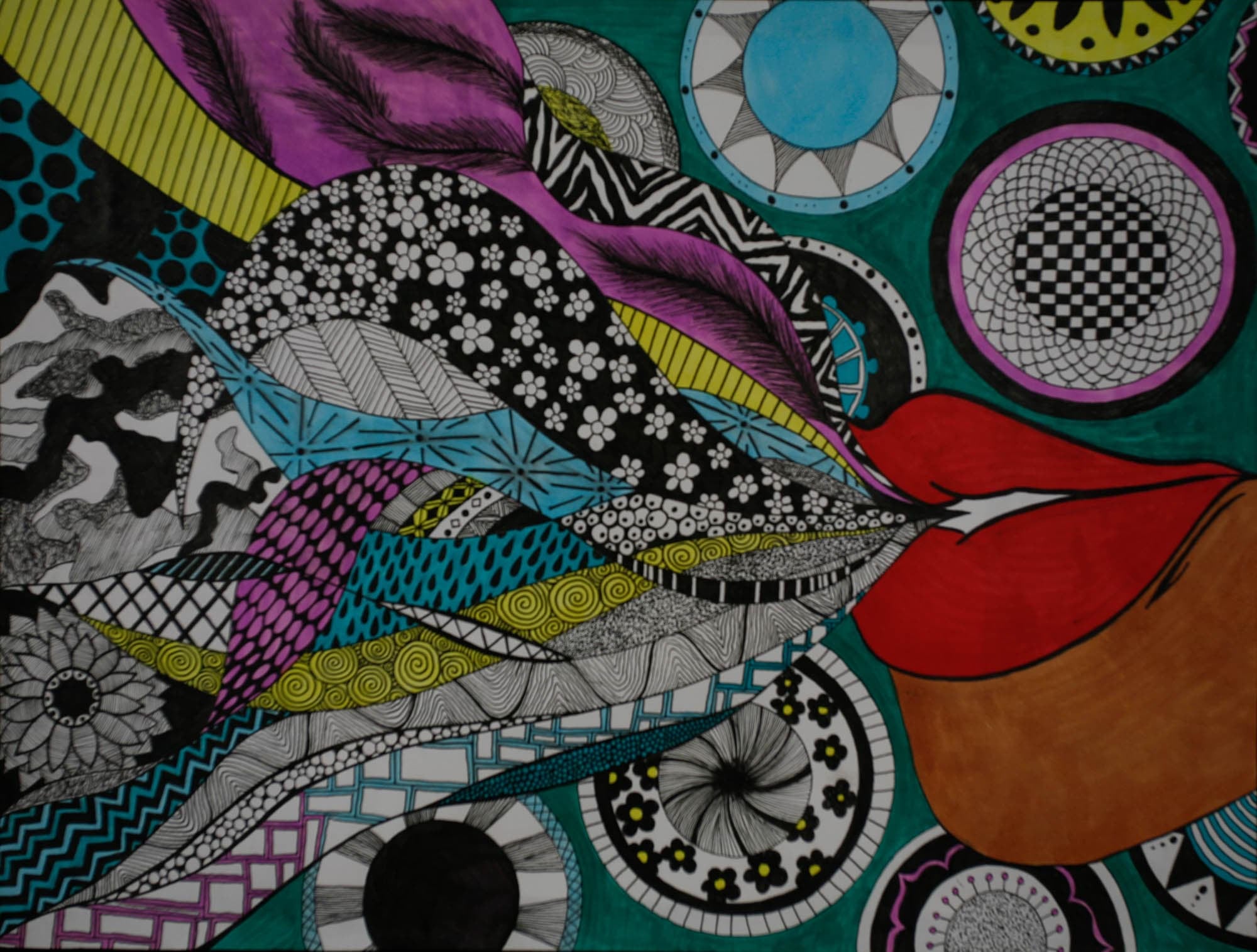 An abstract drawing with a large pair of red lips exhaling a stream of colorful, patterned shapes and feathers. The background features circular mandala designs in black and white, set against a teal backdrop.