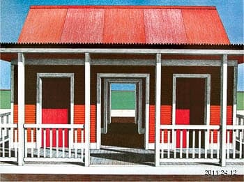 Rectangular red house with a porch with white railing. Front and back doors are open revealing a large body of water in the background.