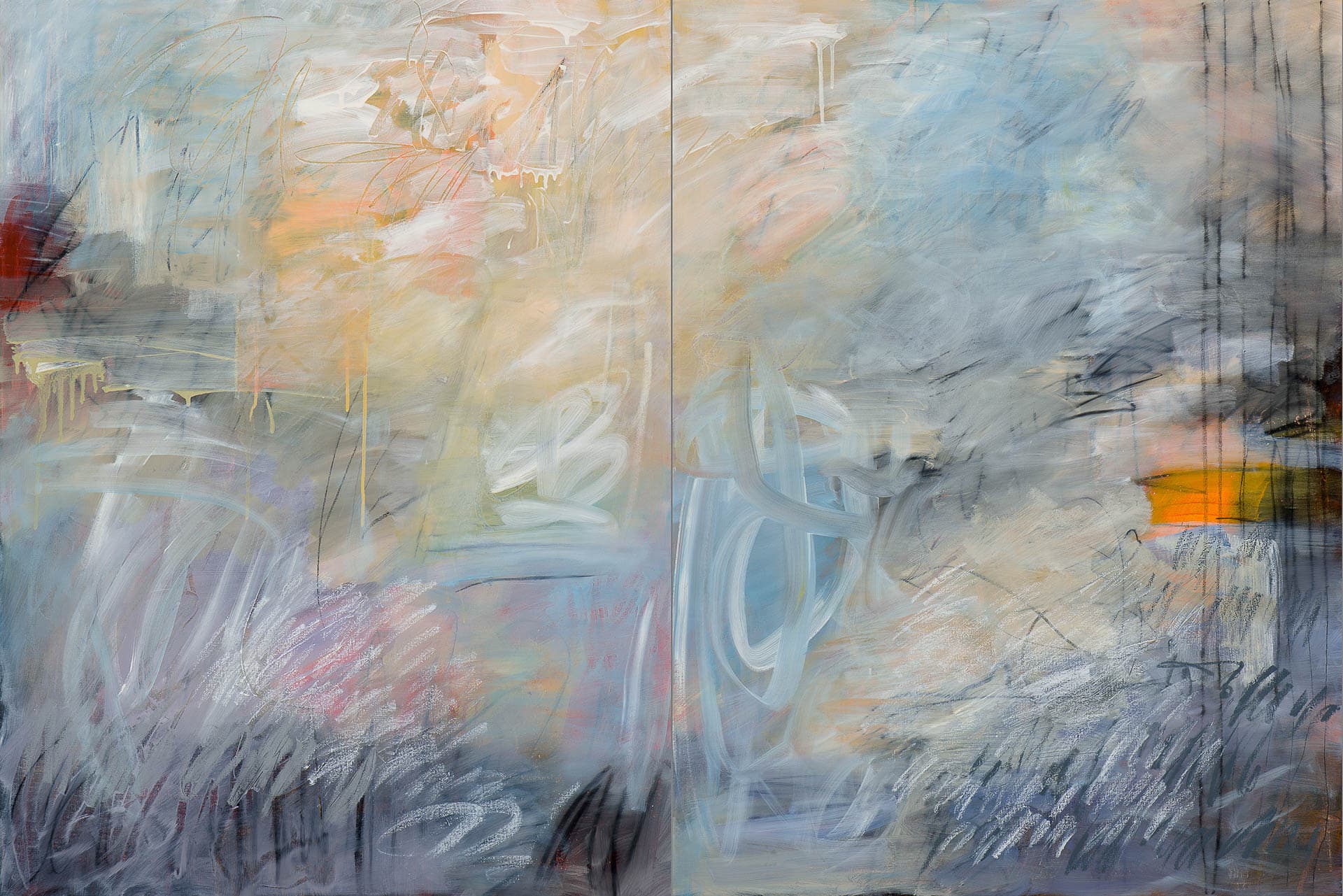 Abstract painting in shades of white, yellow, pink, and black