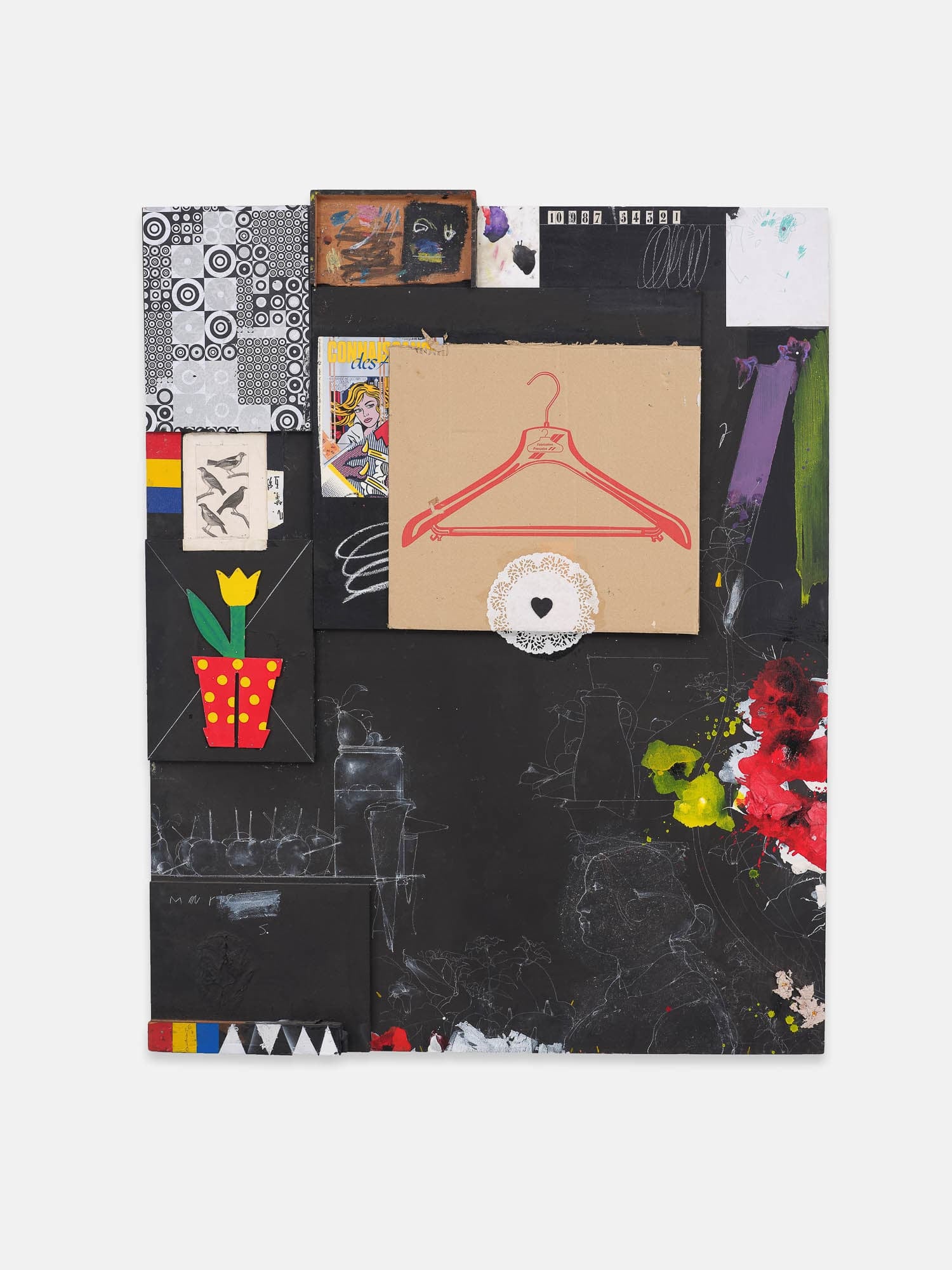 A mixed-media collage on a black background, incorporating various elements such as a cardboard cutout of a hanger, a doily with a heart, a yellow tulip, and assorted geometric patterns. The artwork blends different textures and styles.