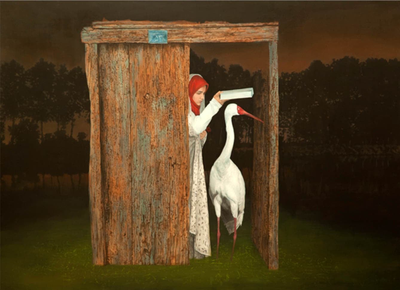 Brown shed with a partially obscured Muslim woman dressed in white with a red head covering holding a white book over the head of a white crane with a red face