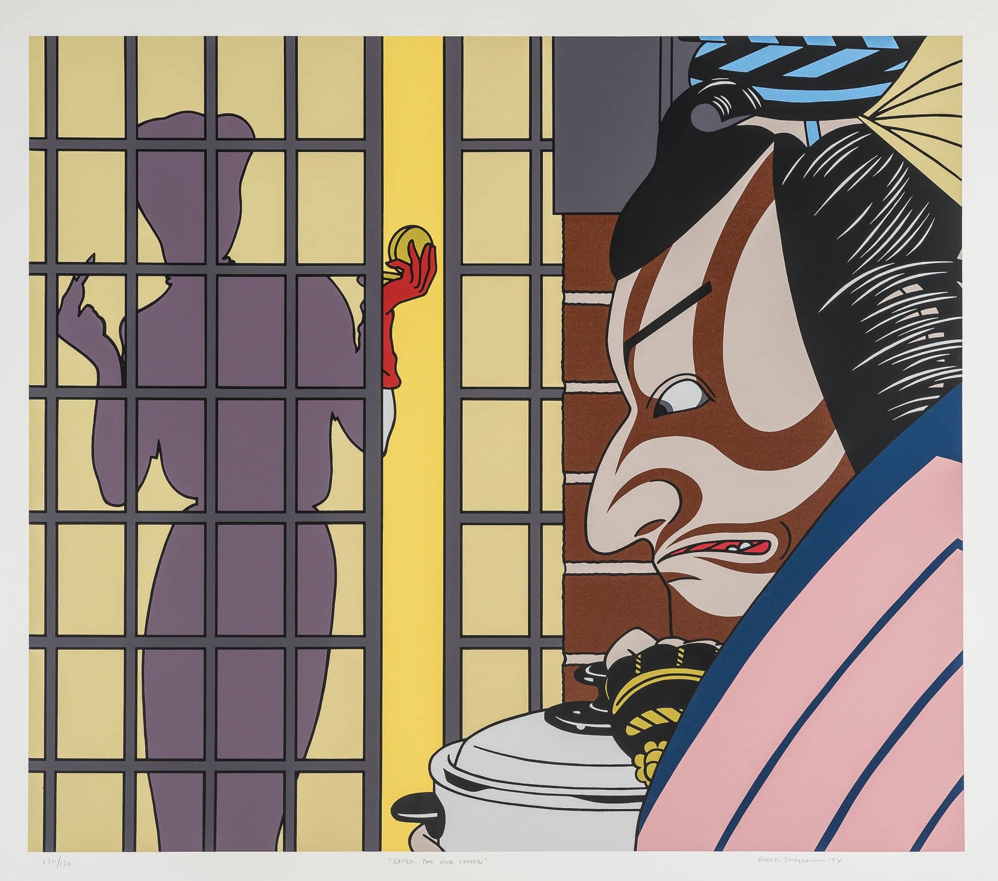 A pop art-inspired piece featuring a stylized figure with traditional Japanese features looking suspiciously at a cooking pot. In the background, the shadow of a woman holding a ball is visible through a grid of bars, with vibrant colors and bold lines.