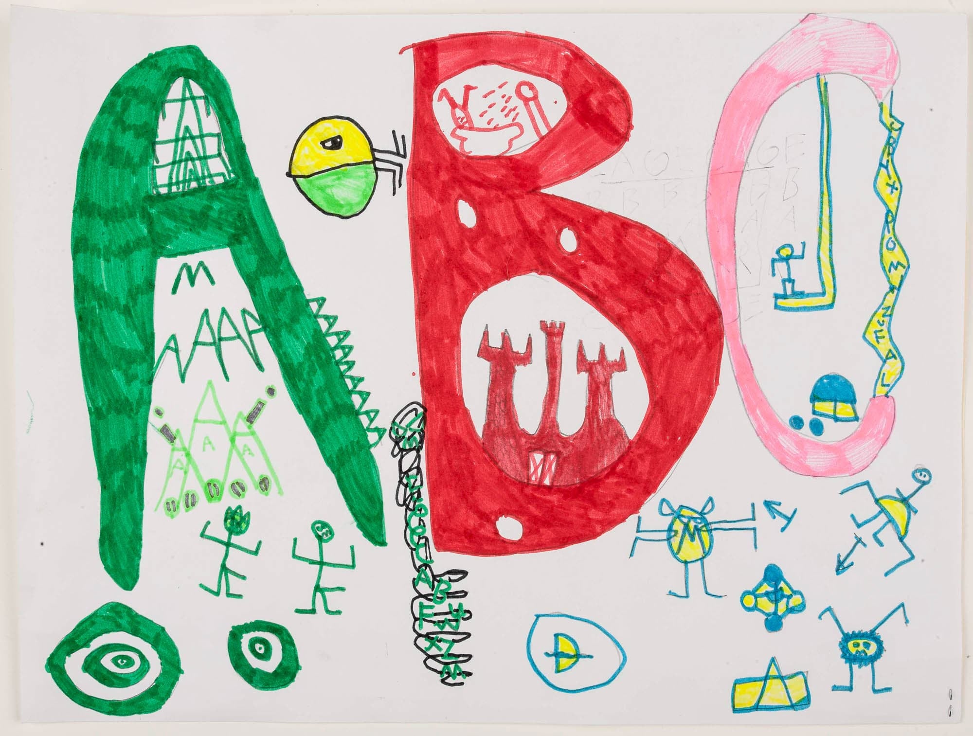 A colorful drawing featuring the letters A, B, and C with various illustrations and figures around them.